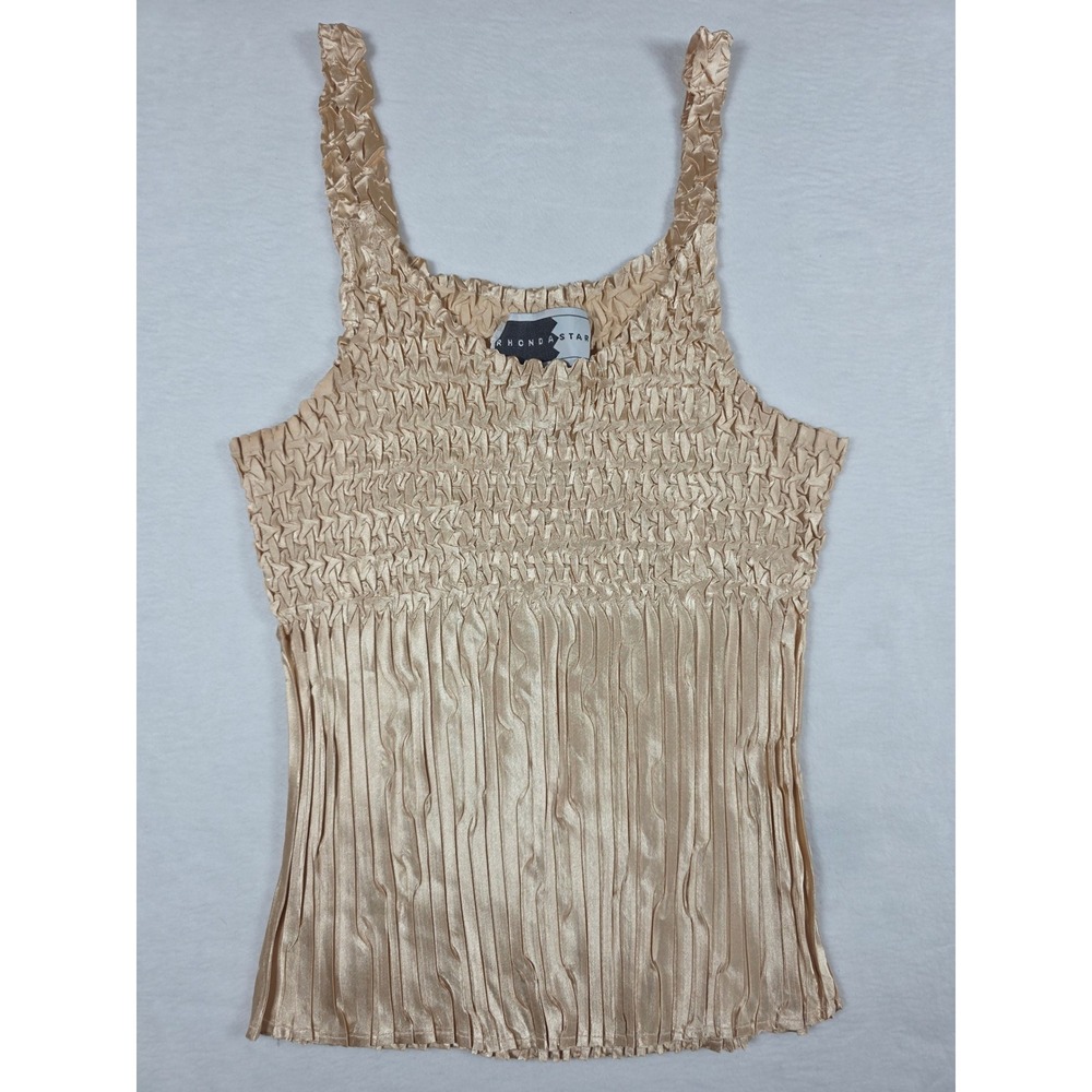 Y2K Metallic Smocked Pleated Tank Top Women's XL Champagne Gold Going Out